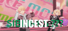 two anime characters are dancing in front of a sign that says ' siblingest '