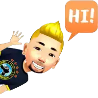 a cartoon character with a speech bubble that says hi on it