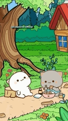 a cat is sitting on a tree stump next to a cat eating food .