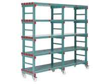 a blue and red shelf with wheels on a white surface