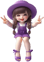 a doll wearing a purple hat and overalls gives a peace sign