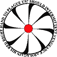 a black and white circle with a red center and the words to plague us should intensify