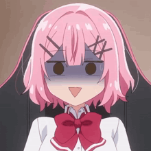 a girl with pink hair and a red bow tie is making a surprised face