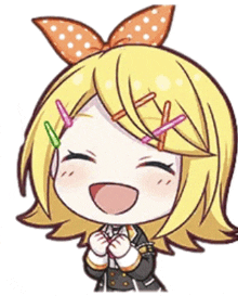 a cartoon drawing of a girl with a bow in her hair laughing .