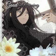 a picture of a girl with long black hair and the words good morning