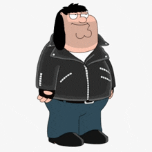 peter griffin from family guy wears a black leather jacket