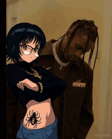 a girl with a spider tattoo on her stomach stands next to a man wearing a cactus jacket