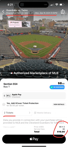 a screenshot of a mlb app showing a baseball stadium with a price of $ 8.00