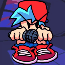 a cartoon character holding a microphone with his hands