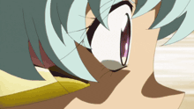 a close up of a cartoon character 's eye with a purple eye