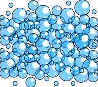 a bunch of blue and white bubbles are on a white background