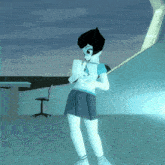 a cartoon character is holding a piece of paper in front of a chair