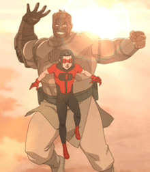 a cartoon of a man holding a smaller superhero in his arms