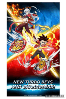 a poster for a video game called turbo beys and characters shows two boys fighting each other