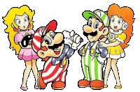 a group of cartoon characters standing next to each other , including mario and princess peach .