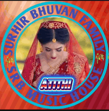 a picture of a woman in a red dress is surrounded by the words surhir bhuvan family atjh music house