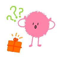 a pink cartoon character standing next to a gift box