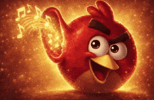 a red angry bird with music notes coming out of its wing