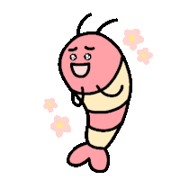 a cartoon drawing of a shrimp with flowers behind it