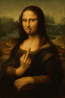 a painting of a woman sticking her tongue out while giving the middle finger