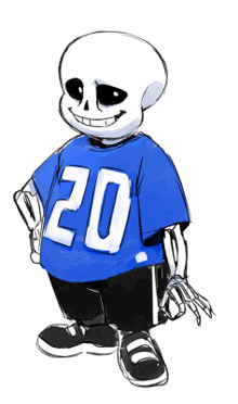 a drawing of a skeleton wearing a blue shirt with the number 20