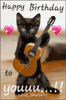 a black cat is holding a guitar in its paws and wishing someone a happy birthday