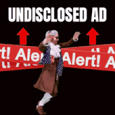 a man in a costume is standing in front of a sign that says alert