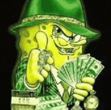 spongebob is wearing a green hat and tie and holding a fan of money .