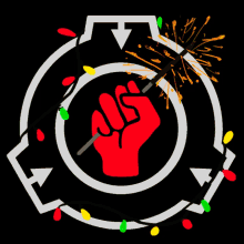 a red fist in a white circle with christmas lights surrounding it