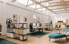 a rendering of an office with the word assmann on it