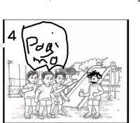 a black and white drawing of children at a playground with a speech bubble that says " pag mo "