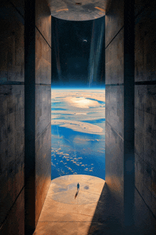 an artist 's impression of a person standing in the middle of a tunnel with a view of the earth