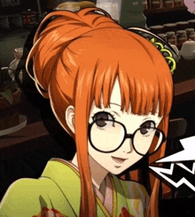 a girl with orange hair and glasses is wearing a kimono and a bun .