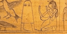 a drawing of a woman kneeling down next to a ghost and a bird .