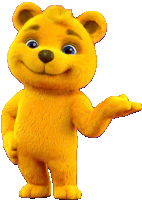 a yellow teddy bear with a brown nose is smiling and holding out its hand