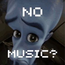 a cartoon character with the words " no music " written on it