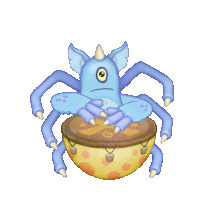 a blue monster is sitting on top of a yellow ball