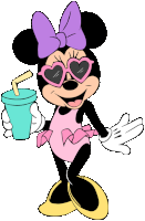 minnie mouse wearing heart shaped sunglasses is holding a drink with a straw