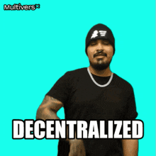 a man in a black shirt is holding a bitcoin in his hand with the words decentralized below him