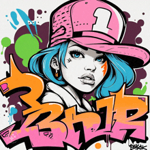 a drawing of a girl wearing a pink hat with the letters b12 on the bottom