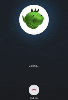 a phone screen shows a green frog with a crown on his head and the words calling and end call