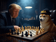 a dog wearing a dea hat is playing chess with a man in a suit