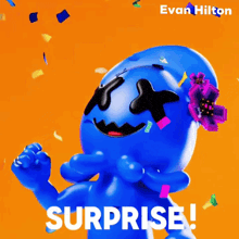 a blue cartoon character with a flower in his hair and the words surprise evan hilton