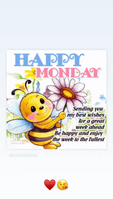 a happy monday greeting card with a bee holding a daisy