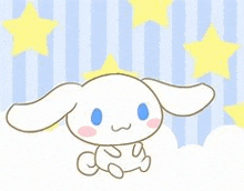 cinnamoroll is sitting on a cloud surrounded by stars .