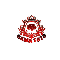 a red and black logo for gama toto with a lion on it