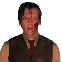 a man with blood on his face wearing a suit and tie