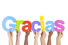 many hands are holding up the word gracias