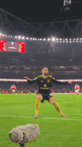 a soccer player is jumping in the air on a field with a microphone behind him