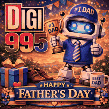 a robot holding a trophy that says # 1 dad on it